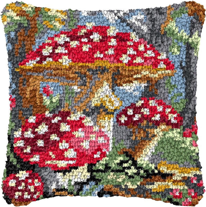 ZFFLYH Mushrooms Latch Hook Pillow Kits for Adults, Throw Pillow Cover Jungle Mushrooms Color Pattern Printed Hook Crochet Yarn Hand Craft for Home Decoration 17X17 Inch - Image 1